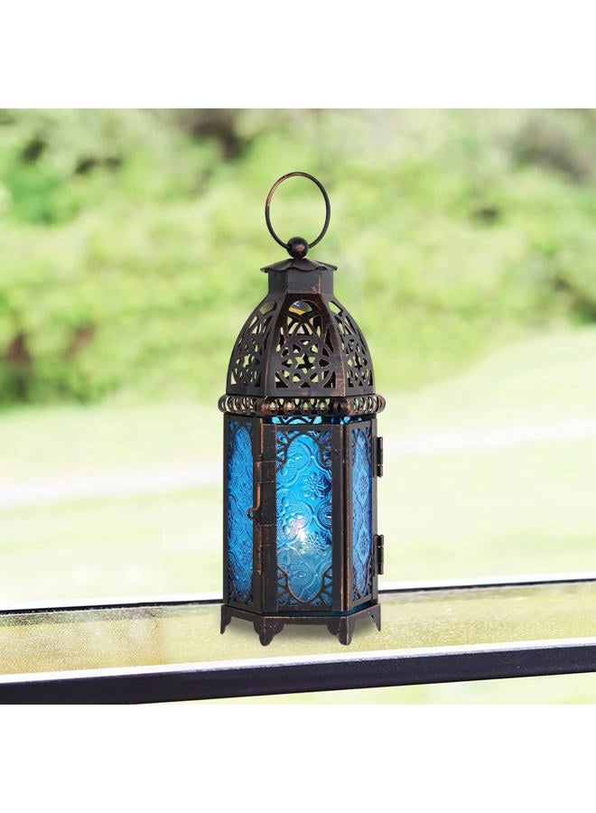 DECORKEY Vintage Medium Size Candle Lantern, Moroccan Style Decorative Hanging Lantern, Metal Tabletop Lantern, Christmas Candle Holders for Outdoor Patio (Blue) - Image 4