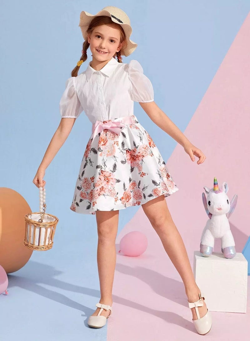 Girls Puff Sleeve Blouse & Knot Waist Floral Skirt Set