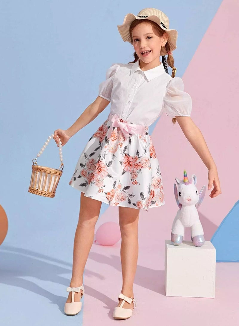 Girls Puff Sleeve Blouse & Knot Waist Floral Skirt Set