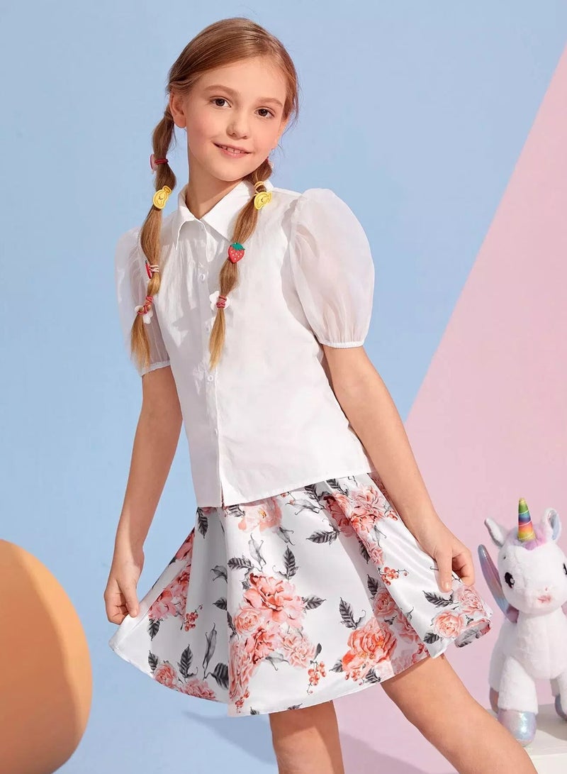Girls Puff Sleeve Blouse & Knot Waist Floral Skirt Set