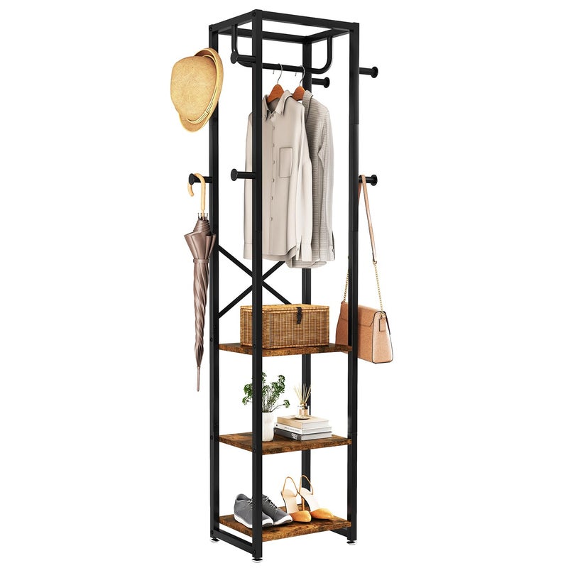 IBUYKE Coat Rack with Shelves, Freestanding Hall Tree with 3 Shelves and 8 Hooks, Industrial Clothes Stand for Entryway, Hallway, Bedroom, Rustic Brown UTMJ088H - Image 1