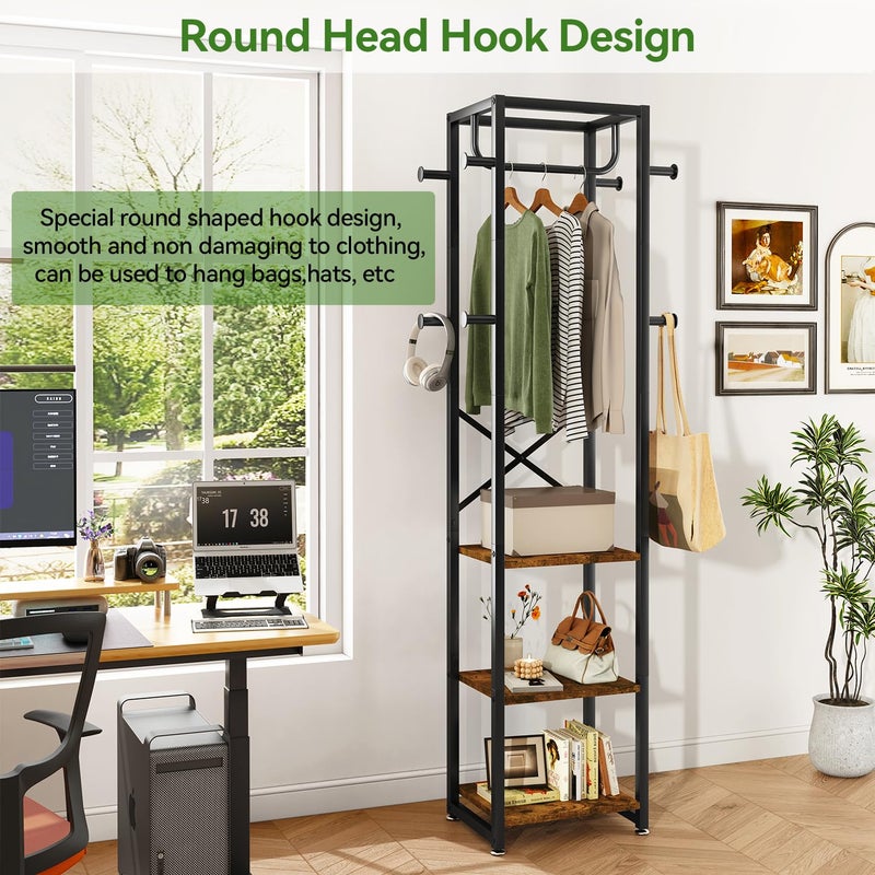 IBUYKE Coat Rack with Shelves, Freestanding Hall Tree with 3 Shelves and 8 Hooks, Industrial Clothes Stand for Entryway, Hallway, Bedroom, Rustic Brown UTMJ088H - Image 5