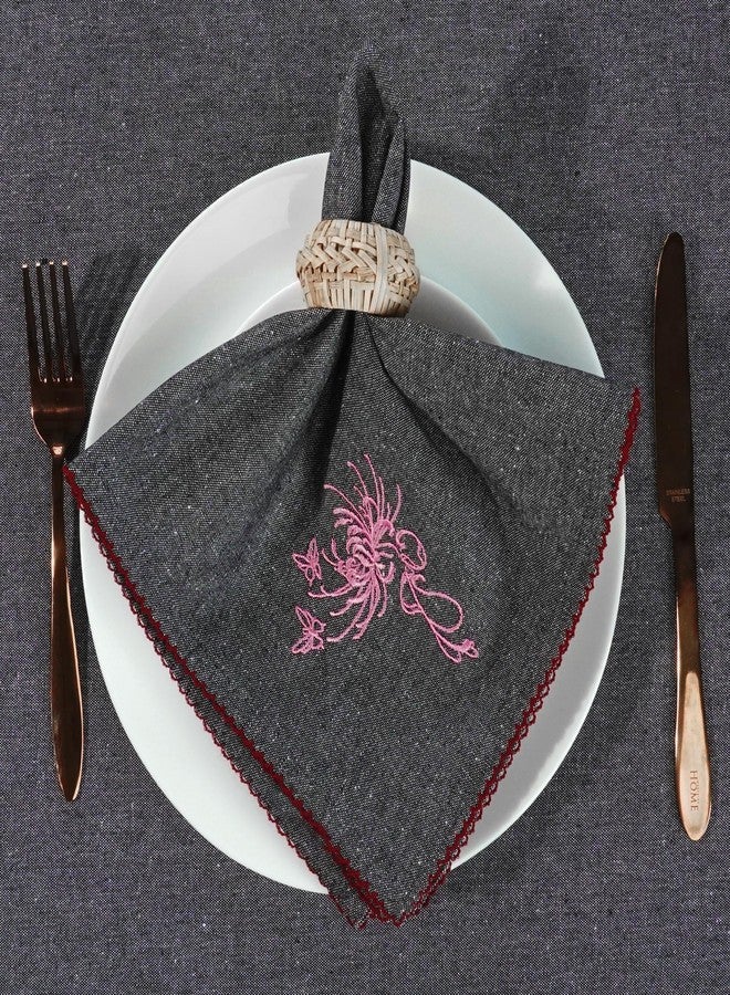 RUSTIQUE LINENS مناديل قماشية مطرزة من القطن الخالص من روستيك لينينز - طقم من 6 مناديل كبيرة 46 × 46 سم | مناديل عشاء ناعمة وماصة لطاولة الطعام والمطبخ | لون فحم - Image 3