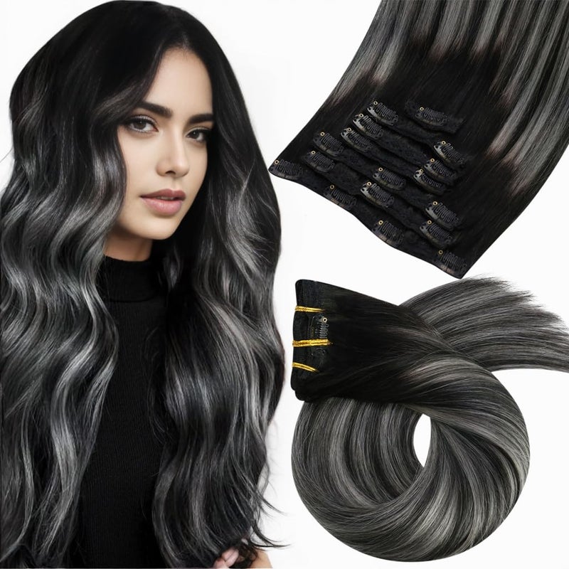 Moresoo Clip in Hair Extensions Balayage Black with Silver Double Weft Real Hair Extensions Clip in Human Hair Ombre Black to Silver Grey Full Head 7Pcs 120G 22inch