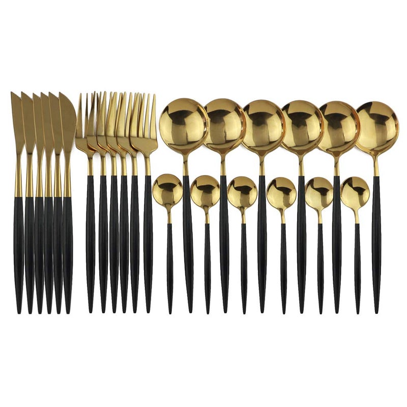JANKNG 24Piece Flatware Set 180 Stainless Steel Knife Fork Spoon Teaspoon Silverware Set Service for 6 Black Handle Gold