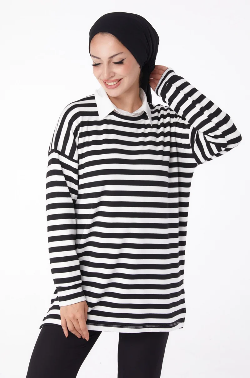 Tofisa Plain Crew Neck Women's Black Striped Sweat - 26244