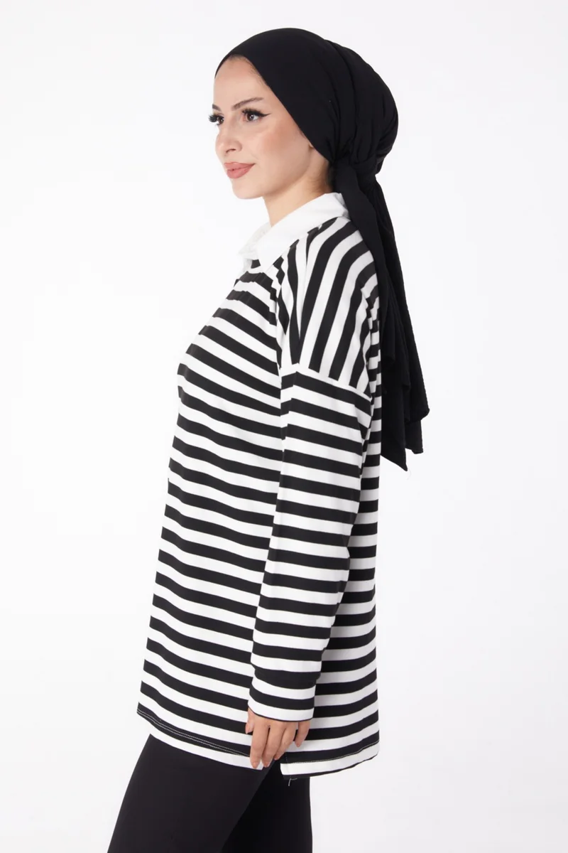 Tofisa Plain Crew Neck Women's Black Striped Sweat - 26244