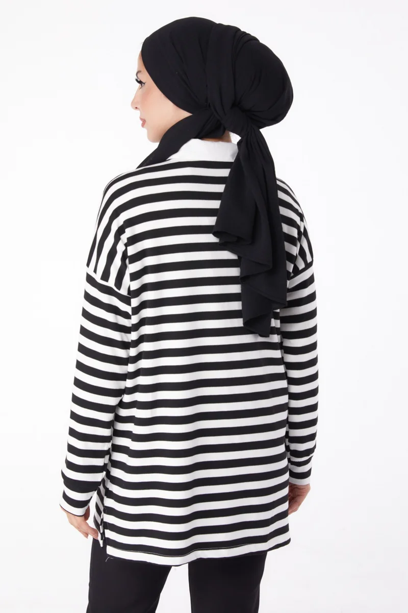 Tofisa Plain Crew Neck Women's Black Striped Sweat - 26244