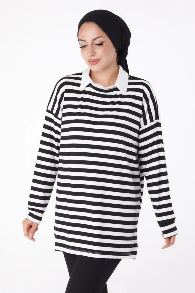Tofisa Plain Crew Neck Women's Black Striped Sweat - 26244