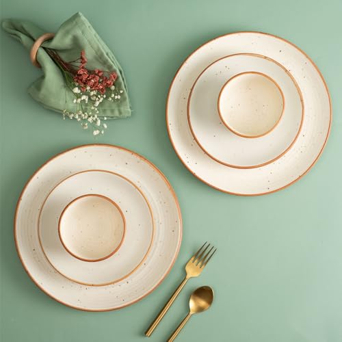 Urban Space 6 Piece Ceramic Dinner Set, 10" Dinner Plate, 200 ml Katori Bowl and 7" Quarter Plate, Microwave/Dishwasher Safe (Natural Beige) - Image 1