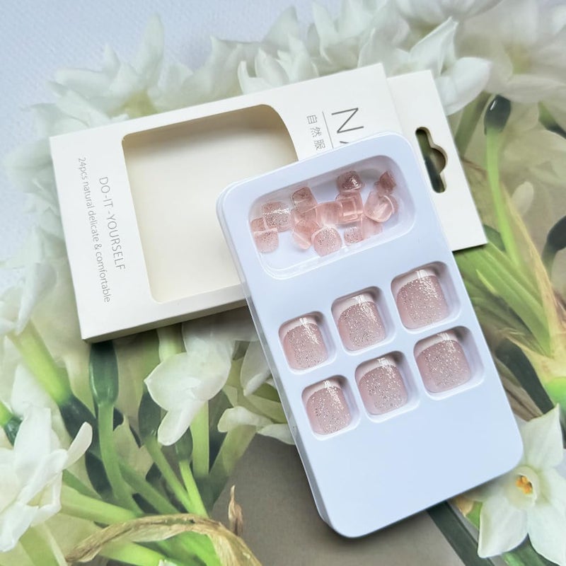 Sevgob 24PCS White French Tip Press on Toenails Short Square Natural Nude Glitter Fake Toenails Acrylic Toe Nails Press on,Classic Artificial Seamless Fit Summer Glue on Fake Toe Nails for Women Manicure - Image 2