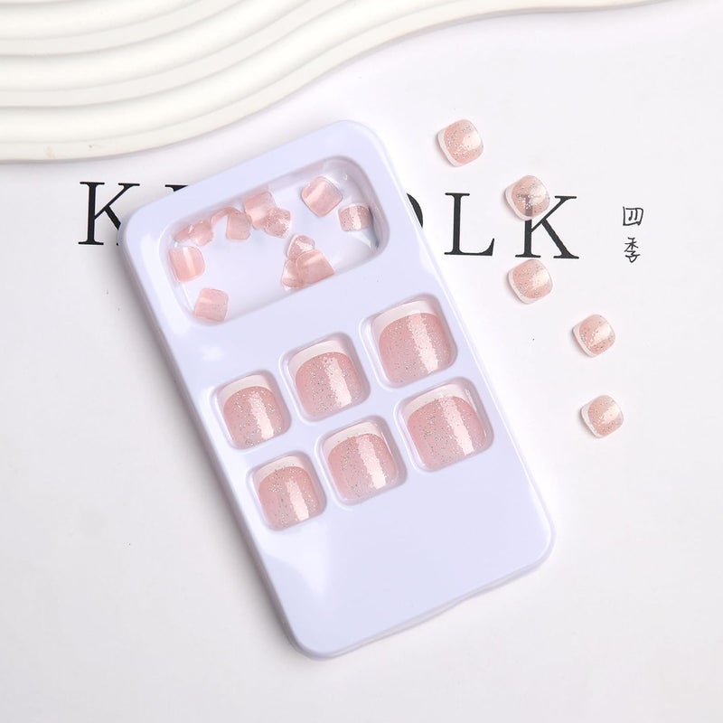 Sevgob 24PCS White French Tip Press on Toenails Short Square Natural Nude Glitter Fake Toenails Acrylic Toe Nails Press on,Classic Artificial Seamless Fit Summer Glue on Fake Toe Nails for Women Manicure - Image 4