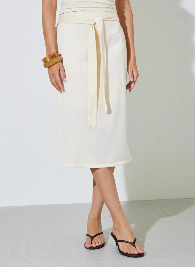 ستايلي Cream Tie-Waist Midi Skirt
