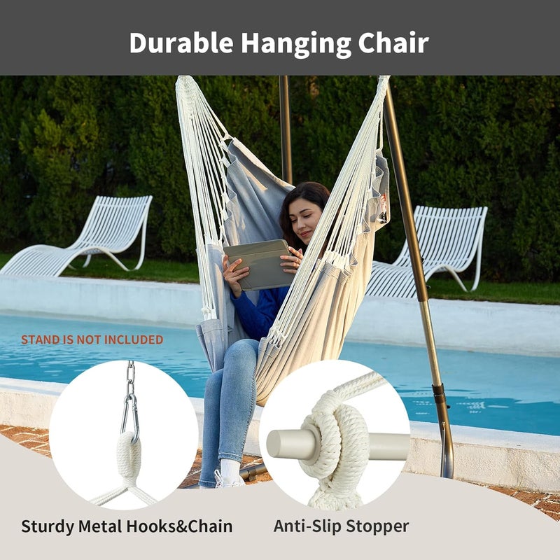CHULIM Hanging Hammock Chair Swing MAX 500 lbs Outdoor Hanging Chair with Footrest Indoor Swing Chair with Portable Steel Spreader Bar and Hardware Kit for Bedroom Living Room Patio Porch - Grey - Image 3