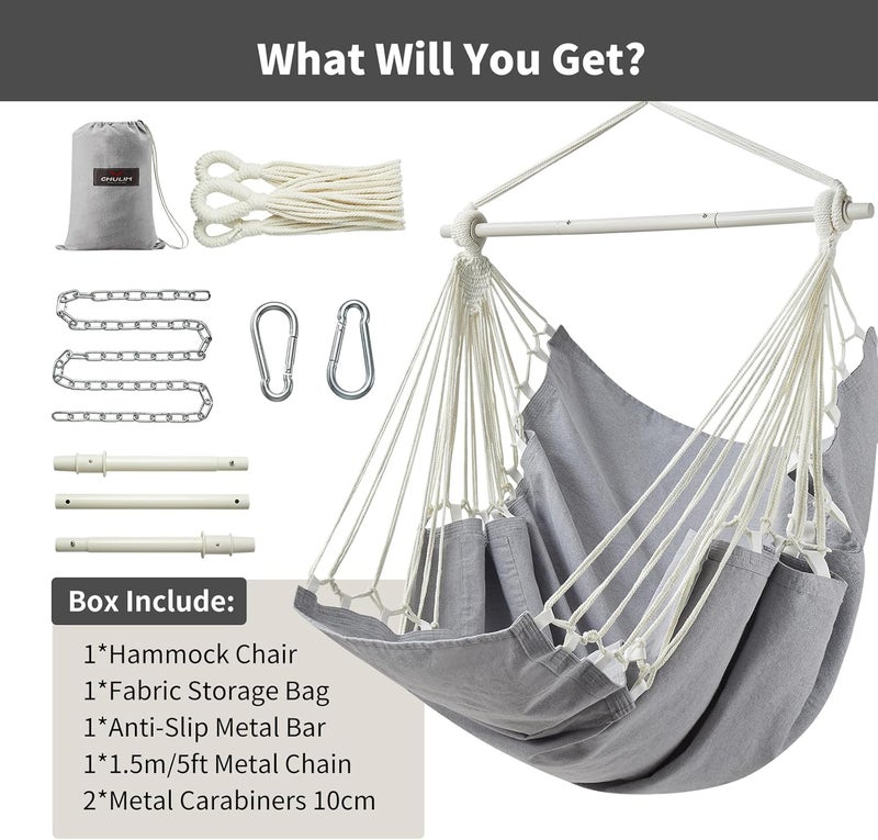 CHULIM Hanging Hammock Chair Swing MAX 500 lbs Outdoor Hanging Chair with Footrest Indoor Swing Chair with Portable Steel Spreader Bar and Hardware Kit for Bedroom Living Room Patio Porch - Grey - Image 5