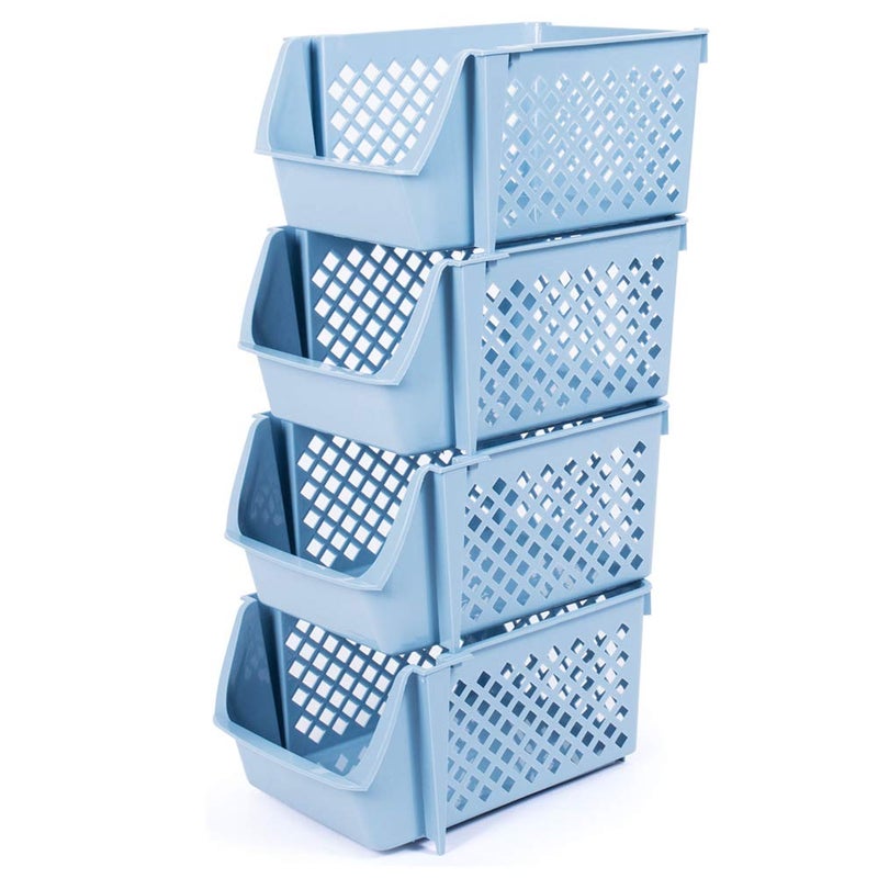 DVHOK 4Pcs Stackable Storage Basket Organizer for Food Snacks Toys Toiletries Plastic Storage Bins Blue - Image 1