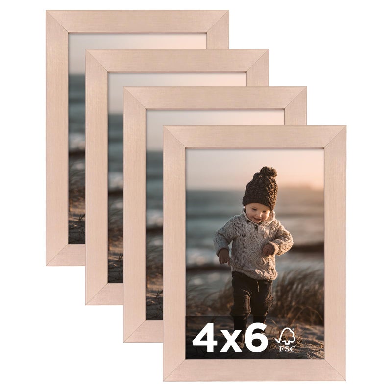 KINLINK 4x6 Picture Frame Rose Gold Set of 4 Wooden Photo Frames with Plexiglass for 4x6 without Mat for Table and Wall Display