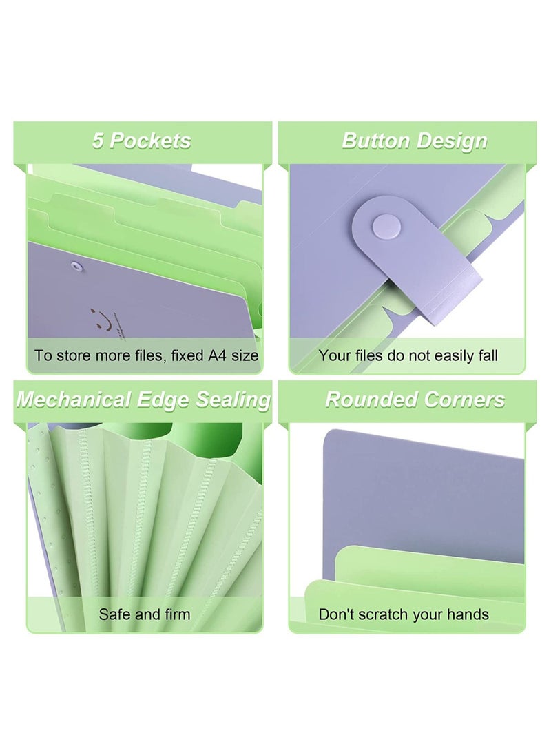 SYOSI - Expanding File Folders, 2 Pack Plastic Letter A4 Paper Paper Organizer Folder with Labels with Snap Closure, Folders with 5 Pockets for School Home Work Office (Green & Purple) - Image 1