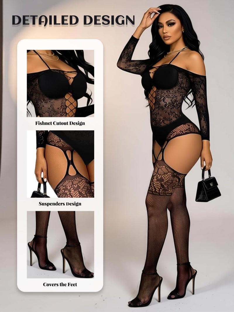 Buitifo Womens Fishnet Bodystocking Plus Size Crotchless Bodysuit Sexy Tights Soft Nightwear Lingerie (Black TJC,M) - Image 2
