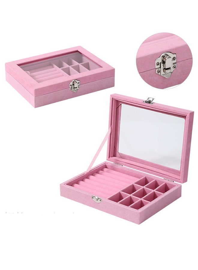Ant Velvet Glass Jewelry Ring Display Stand Storage Box, Ring Earrings Jewelry Box Ring Holder Case (Pink) - Image 1
