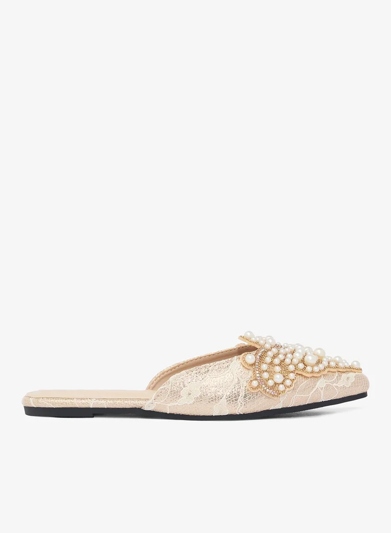 Khizana Pearl Detail Pointed Toe Flat Sandals