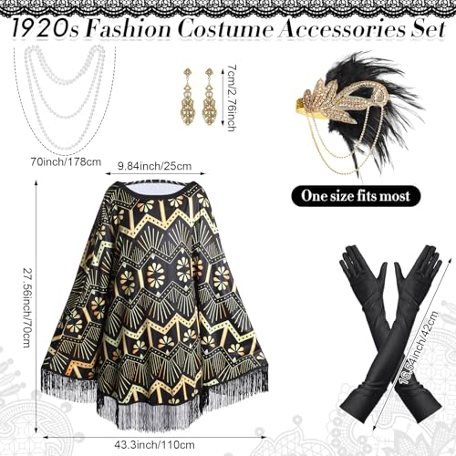 Floraltop 6 Pcs 1920s Flapper Costume Accessories Set for Women Fringed Poncho Flapper Shawl Outfits(Black,Classic) - Image 2