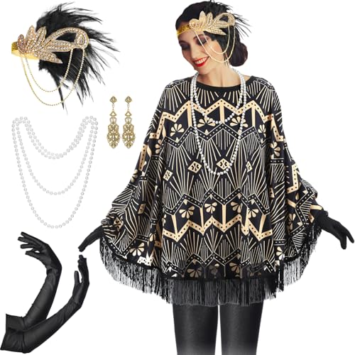 Floraltop 6 Pcs 1920s Flapper Costume Accessories Set for Women Fringed Poncho Flapper Shawl Outfits(Black,Classic) - Image 1
