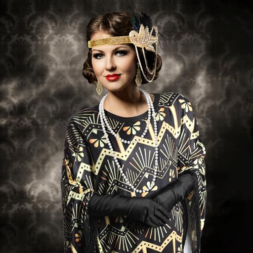 Floraltop 6 Pcs 1920s Flapper Costume Accessories Set for Women Fringed Poncho Flapper Shawl Outfits(Black,Classic) - Image 5