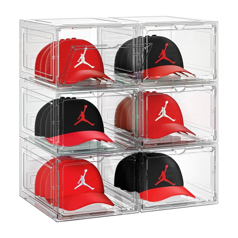 SCAVATA 6 Pack Hat Organizer Box Stackable Clear Baseball Caps Holder Box Containers with Magnetic Door for Hats Snapback Cap Storag Hat Rack Display Case Holds 8 Hats Each Clear