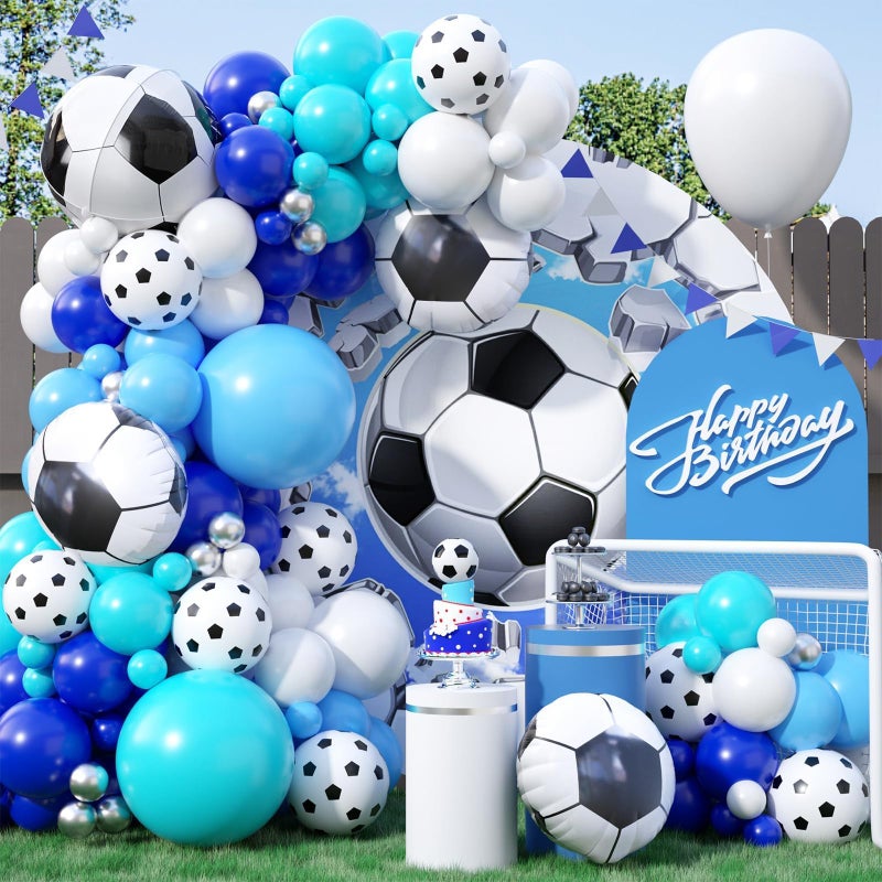 Biapian Soccer Balloon Arch Kit with 4D Football Foil Balloons Royal Blue White Metallic Silver Latex Balloons for Baby Shower Birthday Soccer Football Party Decorations - Image 2