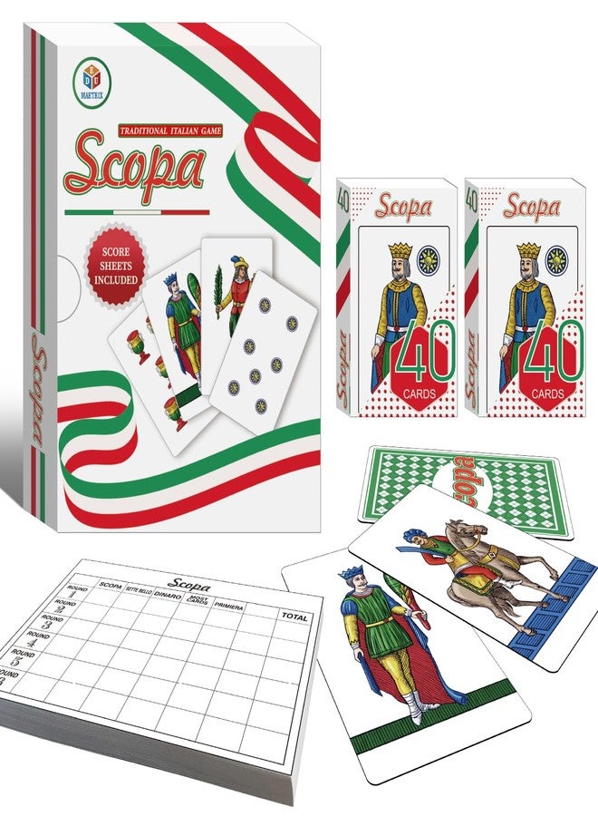 EDUMAETRIX Scopa Classic Italian Card Game with 2 Playing Decks, 100 Double-Sided Score Sheets, 2-6 Players, Family Strategy Game - Image 1