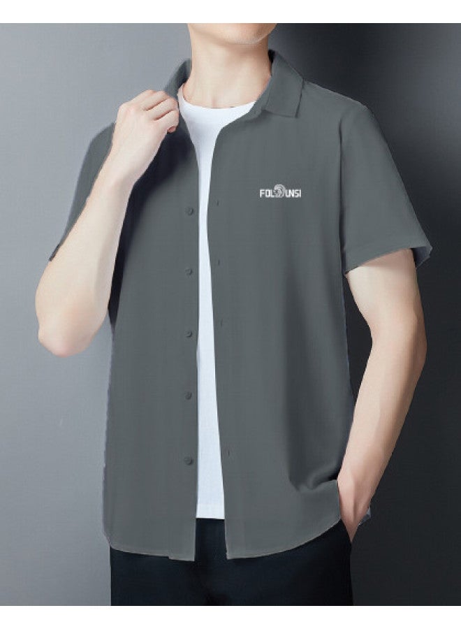 FOLUNSI men's Seamless Short Sleeve Shirt With Open Collar - Business Casual Solid Color Summer Shirt Jacket - Image 1