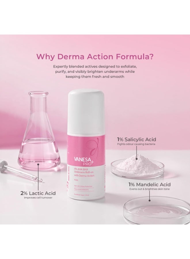 Vanesa Pro+ 4% AHA BHA Underarm Roll-on Deodorant | Derma Action formula for Up-to 48 hrs freshness, Even Tone Skin, Kills bacteria, Reduces Body Odor & Mild Pigmentation | 1% Mandelic, 2% Lactic, 1% Salicylic, Kojic Acid, Niacinamide | Alcohol & Aluminium Free |Pearl Fragrance,50ml - Image 4
