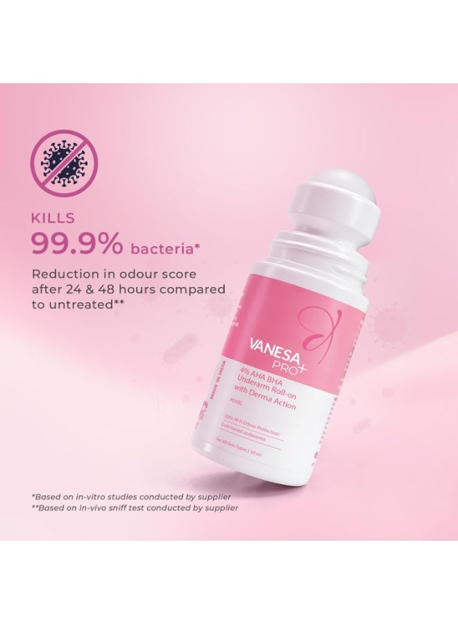 Vanesa Pro+ 4% AHA BHA Underarm Roll-on Deodorant | Derma Action formula for Up-to 48 hrs freshness, Even Tone Skin, Kills bacteria, Reduces Body Odor & Mild Pigmentation | 1% Mandelic, 2% Lactic, 1% Salicylic, Kojic Acid, Niacinamide | Alcohol & Aluminium Free |Pearl Fragrance,50ml - Image 2
