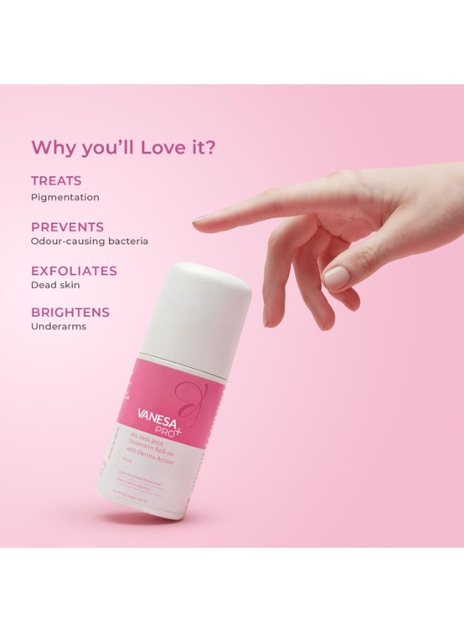 Vanesa Pro+ 4% AHA BHA Underarm Roll-on Deodorant | Derma Action formula for Up-to 48 hrs freshness, Even Tone Skin, Kills bacteria, Reduces Body Odor & Mild Pigmentation | 1% Mandelic, 2% Lactic, 1% Salicylic, Kojic Acid, Niacinamide | Alcohol & Aluminium Free |Pearl Fragrance,50ml - Image 3