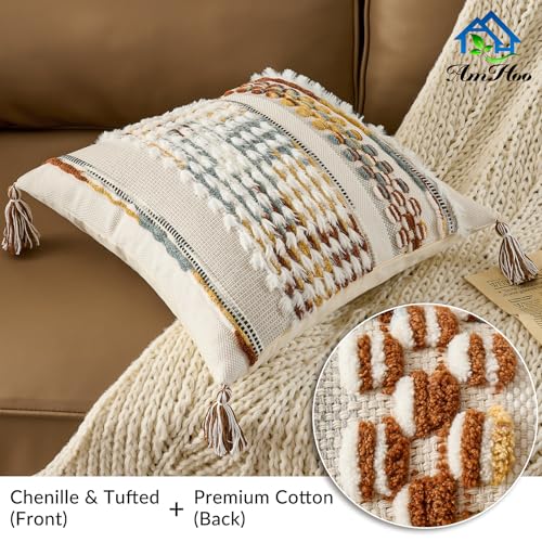 AmHoo Set of 2 Chenille Striped Tufted Textured Boho Throw Pillow Covers Aesthetic with Tassels Woven Decorative Pillow Case for Couch Bed Sofa Bedroom Modern Funky 18 x 18Inch Brown White - Image 3
