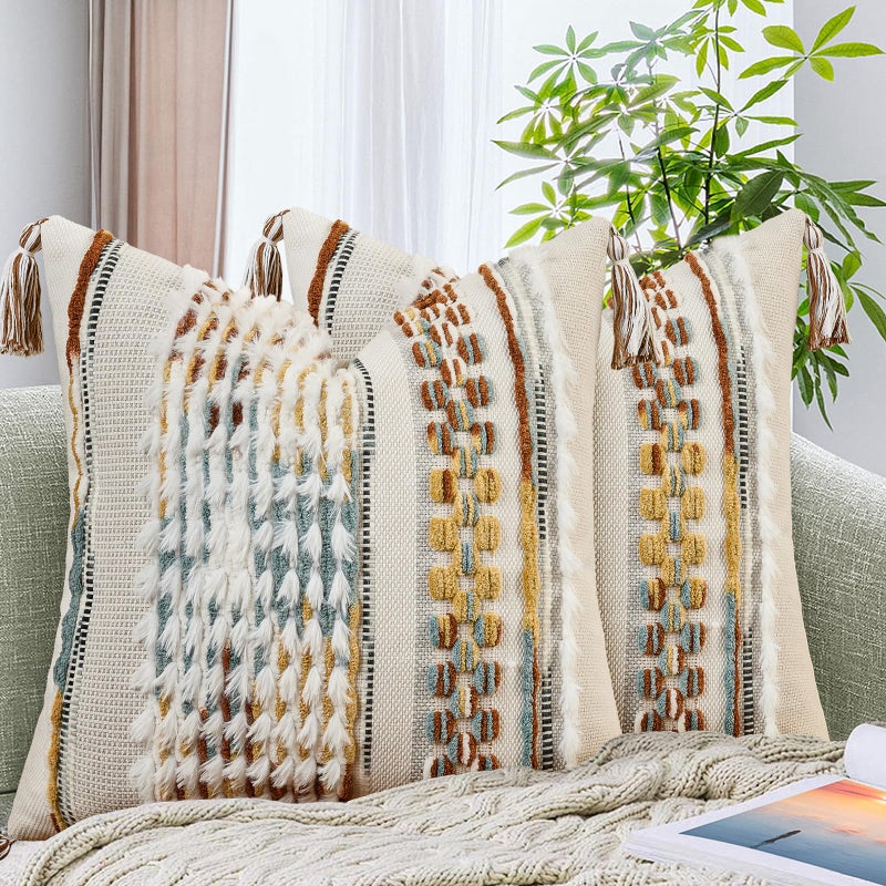 AmHoo Set of 2 Chenille Striped Tufted Textured Boho Throw Pillow Covers Aesthetic with Tassels Woven Decorative Pillow Case for Couch Bed Sofa Bedroom Modern Funky 18 x 18Inch Brown White - Image 2