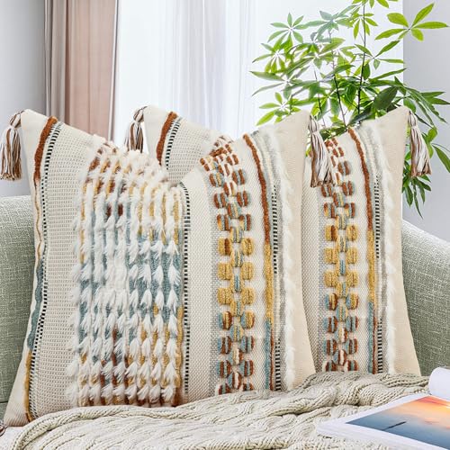 AmHoo Set of 2 Chenille Striped Tufted Textured Boho Throw Pillow Covers Aesthetic with Tassels Woven Decorative Pillow Case for Couch Bed Sofa Bedroom Modern Funky 18 x 18Inch Brown White - Image 1