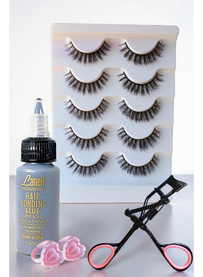 5 fluffy eyelashes pairs + Lanell eyelash glue 30ml + eyelash curler + 2pcs of glue rings