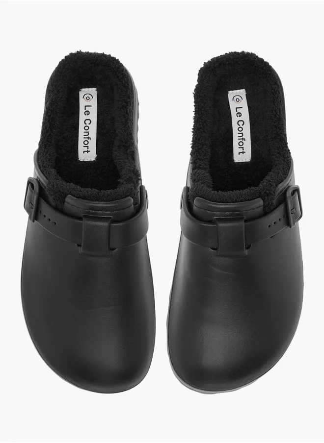 لو كونفورت Women Solid Bedroom Mules with Fur Accent and Buckle Detail