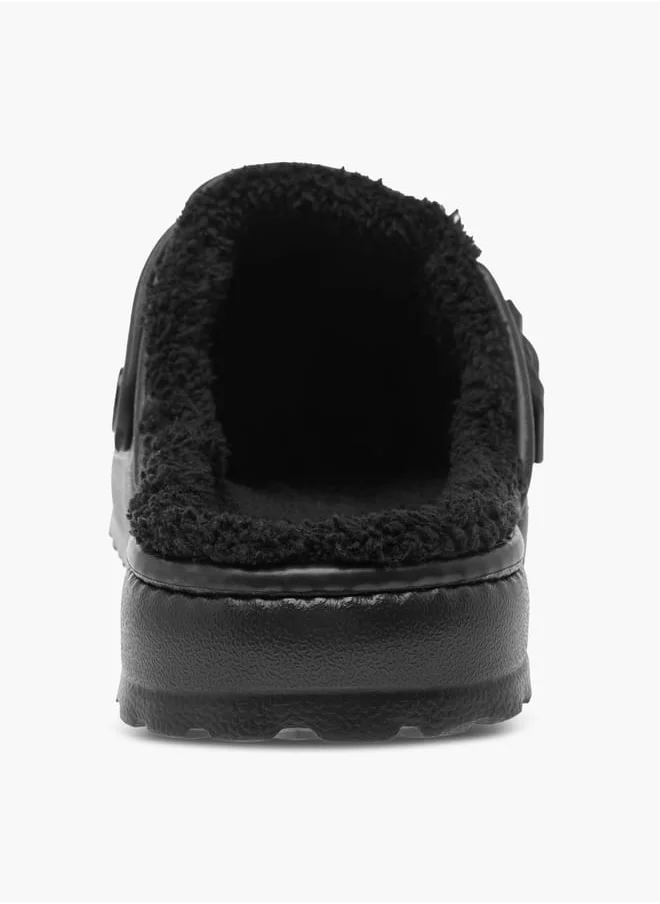 لو كونفورت Women Solid Bedroom Mules with Fur Accent and Buckle Detail