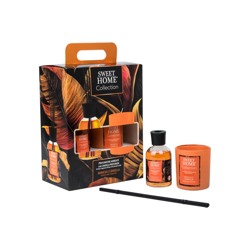 Sweet Home عطر المنزل الحلو 100 مل + شمعة زجاجية 280 جرام (برتقال وقرفة) | مجموعة عطرية دافئة وجذابة للمنزل | تجربة عطرية طويلة الأمد | هدية أنيقة للمنزل والمكتب - Image 1