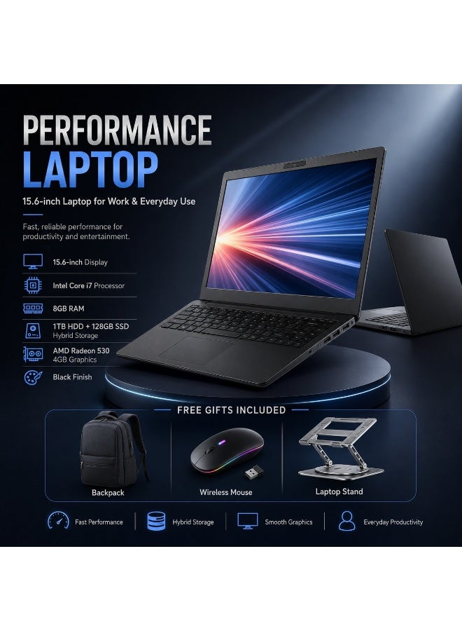 لابتوب أداء بشاشة 15.6 بوصة معالج Core i7 رام 8 جيجابايت هارد 1 تيرابايت SSD 128 جيجابايت وكارت شاشة 4 جيجابايت مع شنطة وماوس وحامل - Image 1