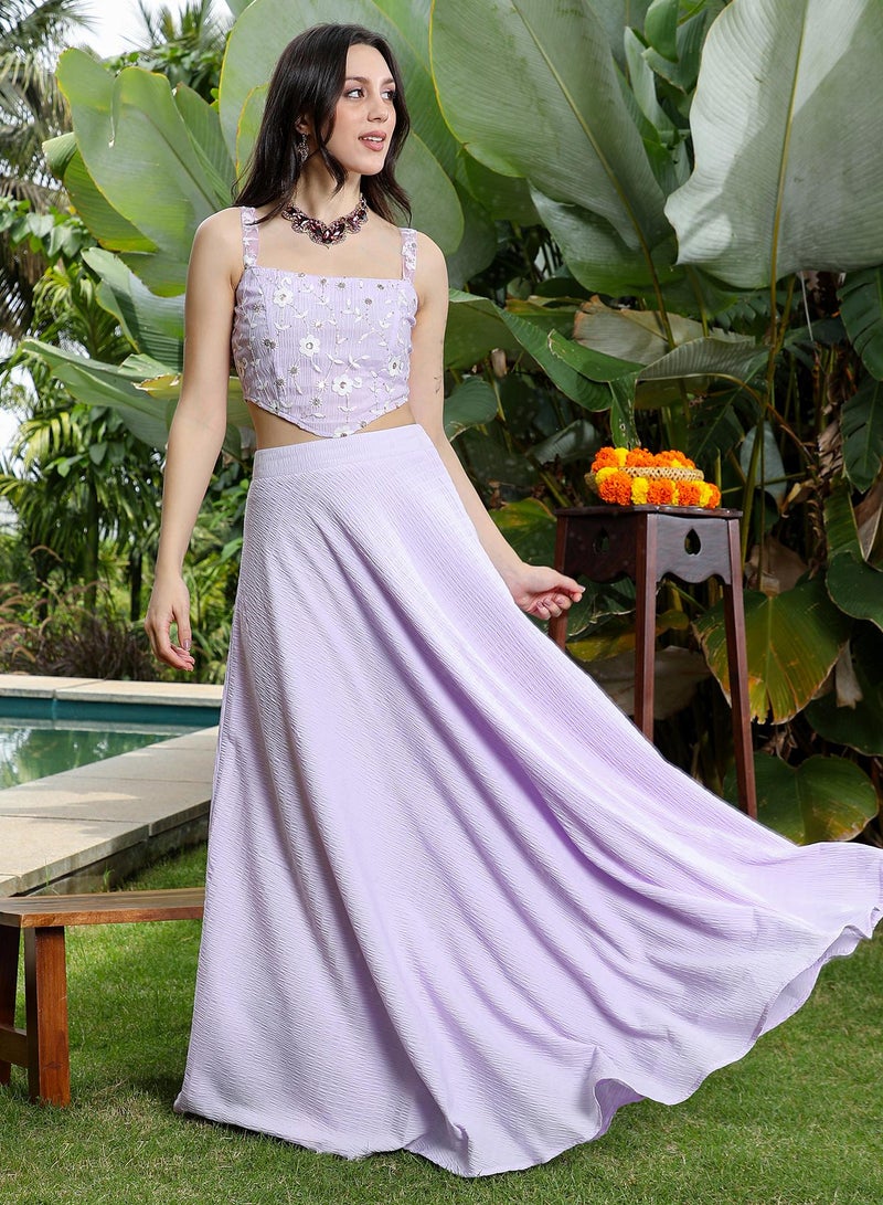 QISSA Women's Embroidered-Flora Textured Co-Ord Set For Ethnic Wear | Square Neck, Sleeveless | Floral Embroidery Woven Fabric | 2 Piece Co-Ords Designed For Evening & Party Wear | Lilac Purple - Image 1