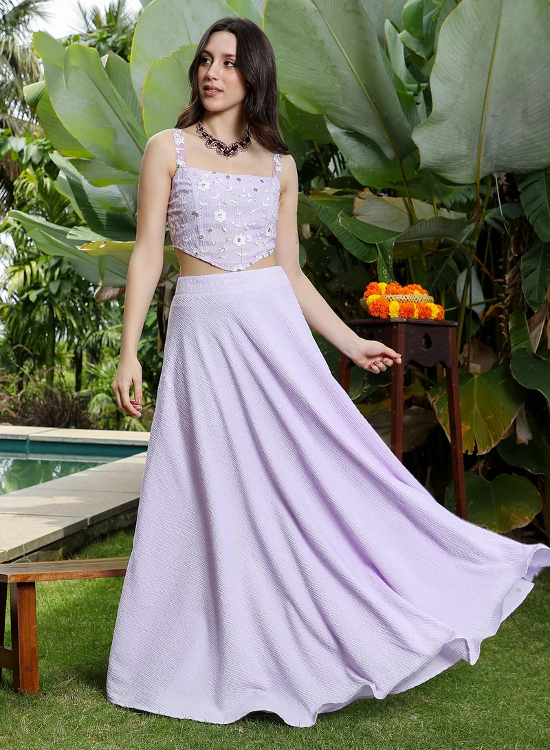 Qissa  Women's Embroidered-Flora Textured Co-Ord Set For Ethnic Wear | Square Neck, Sleeveless | Floral Embroidery Woven Fabric | 2 Piece Co-Ords Designed For Evening & Party Wear | Lilac Purple for Women | Best Price UAE