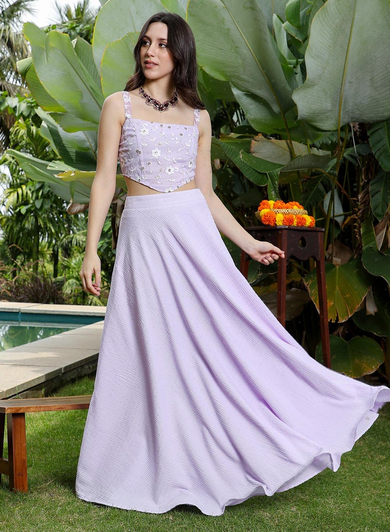 QISSA Women's Embroidered-Flora Textured Co-Ord Set For Ethnic Wear | Square Neck, Sleeveless | Floral Embroidery Woven Fabric | 2 Piece Co-Ords Designed For Evening & Party Wear | Lilac Purple - Image 5