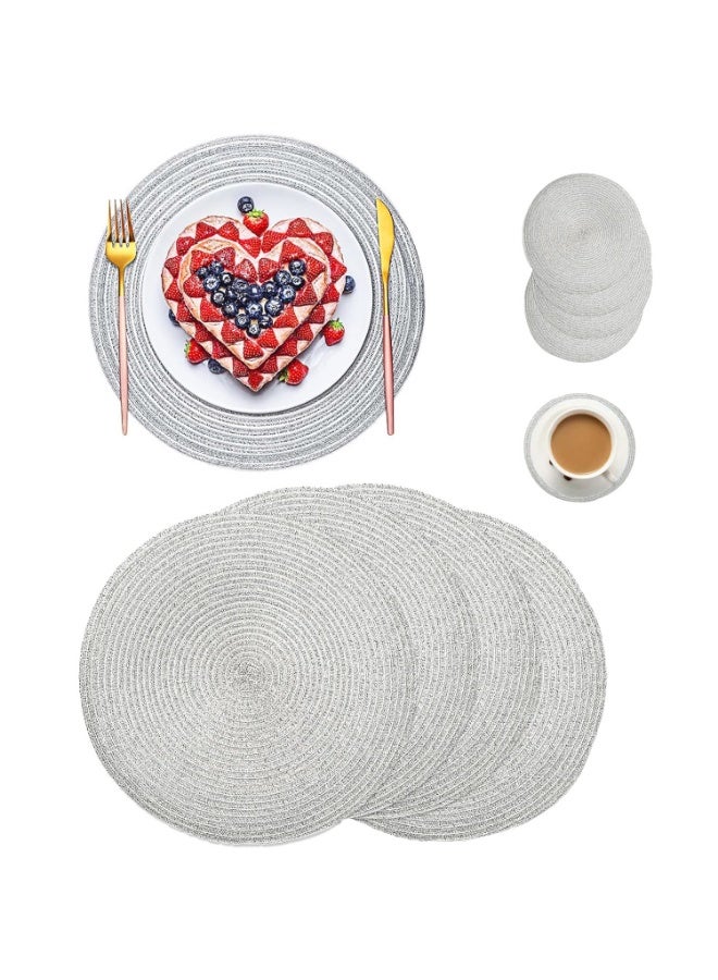 WinCheer Round Braided Placemats Set of 4, Woven Heat Resistant Washable Kitchen Table Mats with 4 Coasters for Dining Home Wedding Outdoor Party - Image 1
