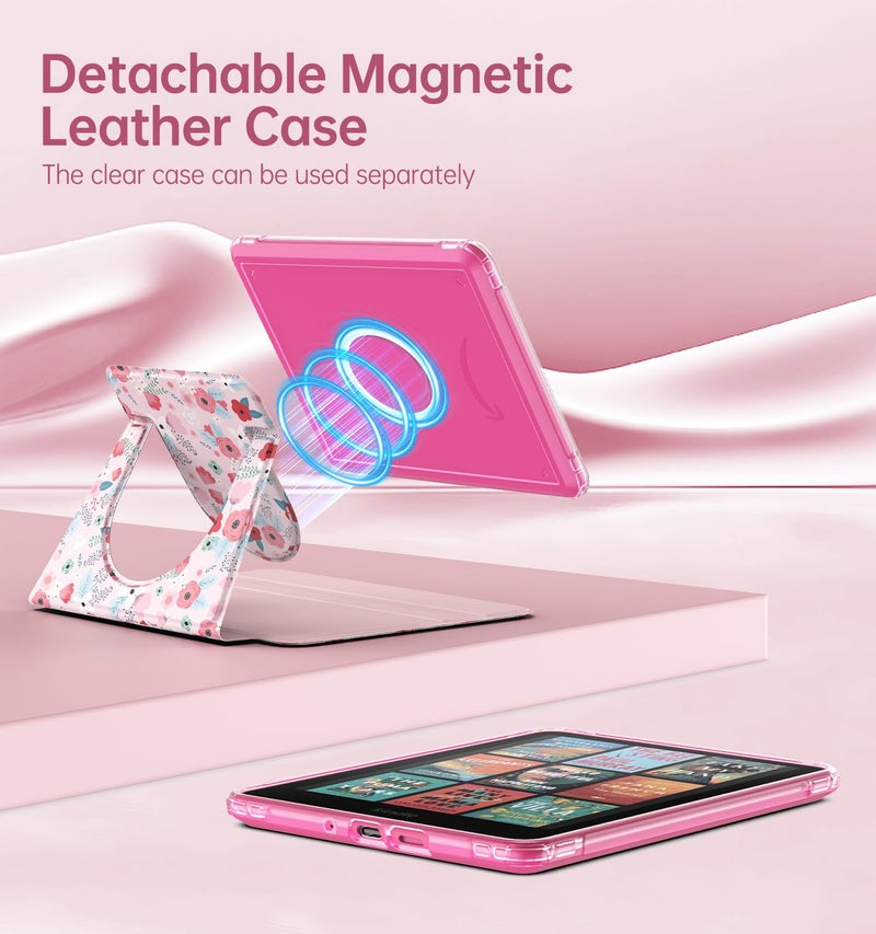 MoKo 360° Rotating Case for 7" Kindle Paperwhite 12th Generation 2024 & Kindle Colorsoft 2024/2025, Clear Back Detachable Magnetic Protective Adjustable Stand Cover with Auto Wake/Sleep, Spring Pink - Image 3