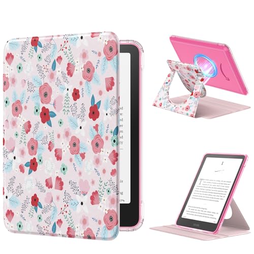 MoKo 360° Rotating Case for 7" Kindle Paperwhite 12th Generation 2024 & Kindle Colorsoft 2024/2025, Clear Back Detachable Magnetic Protective Adjustable Stand Cover with Auto Wake/Sleep, Spring Pink - Image 1