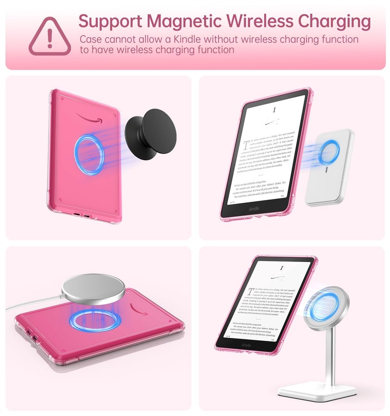 MoKo 360° Rotating Case for 7" Kindle Paperwhite 12th Generation 2024 & Kindle Colorsoft 2024/2025, Clear Back Detachable Magnetic Protective Adjustable Stand Cover with Auto Wake/Sleep, Spring Pink - Image 5